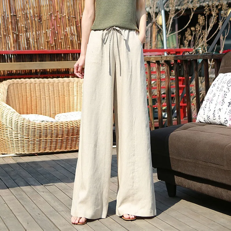 

Новые летние широкие брюки из драпированного льна для женщин, повседневные свободные длинные брюки с высокой талией, модель Flat Plane