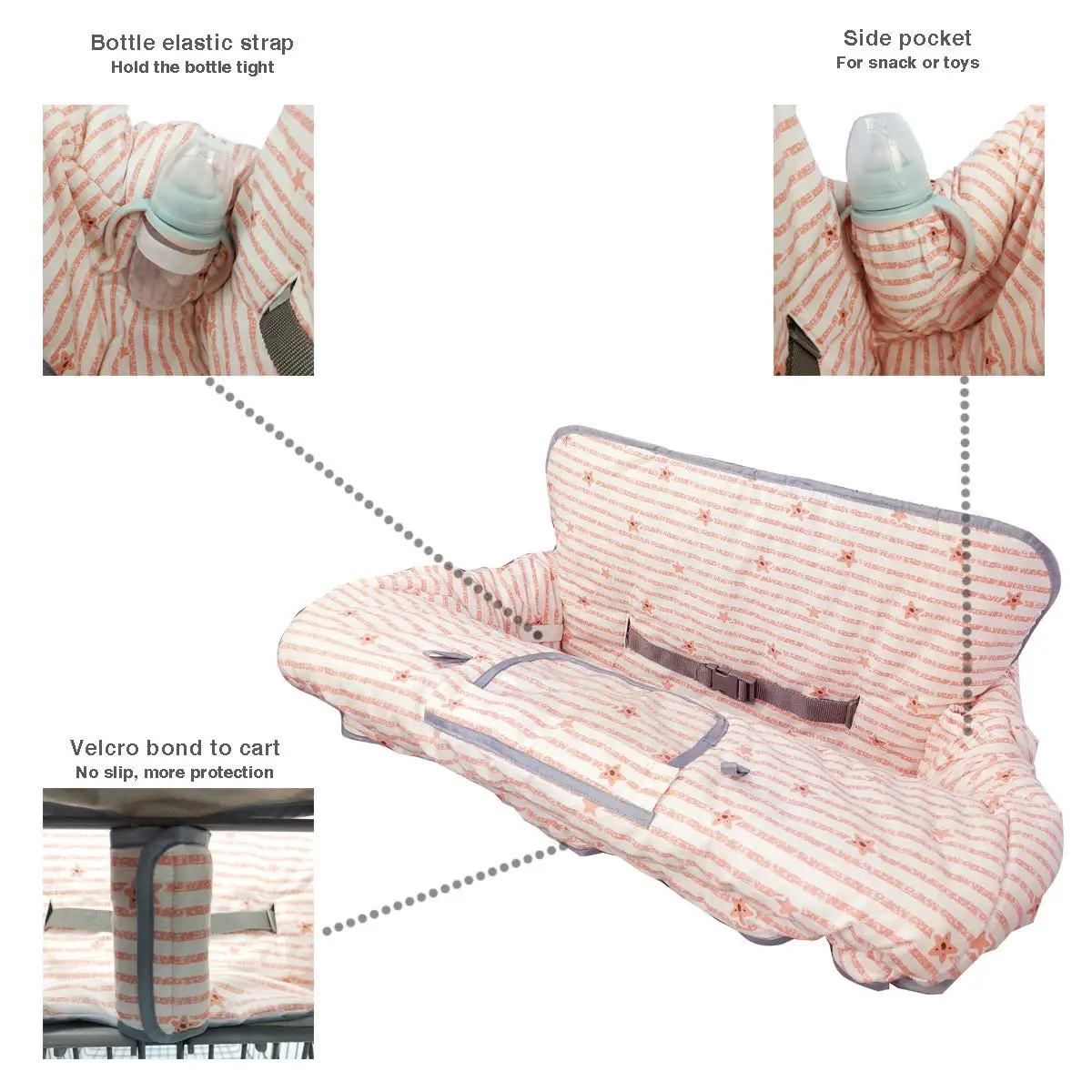 2-in-1 Baby Shopping Cart Cover with Phone Holder, Easy Attach & Remove, Pink Strip Star Design