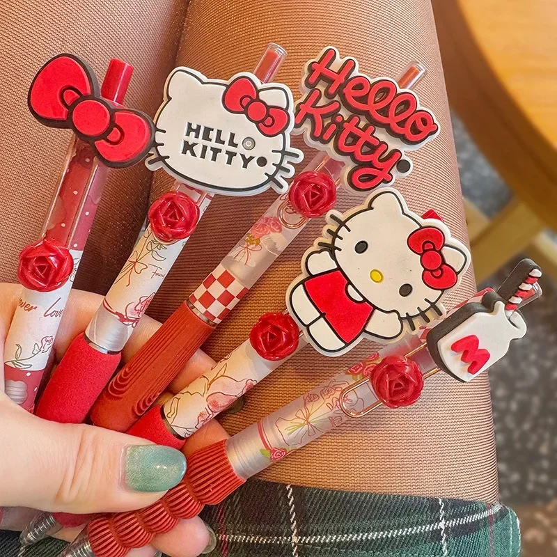 ハローキティレッドローズフラワープレスジェルペン、漫画学生文房具ボールペン、速乾性署名筆記ペン、カワイイ、5本