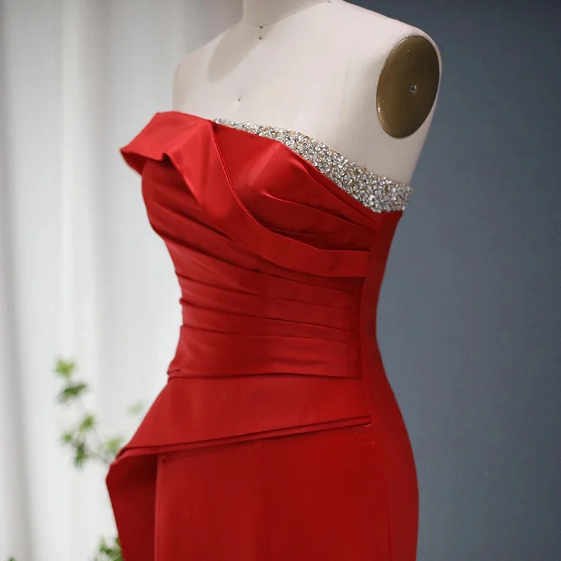 Robe de Soirée Longue en Satin Rouge pour Femme, Tenue Élégante, Style Sirène, avec Traîne, de Luxe, Sexy, Perle, 2024