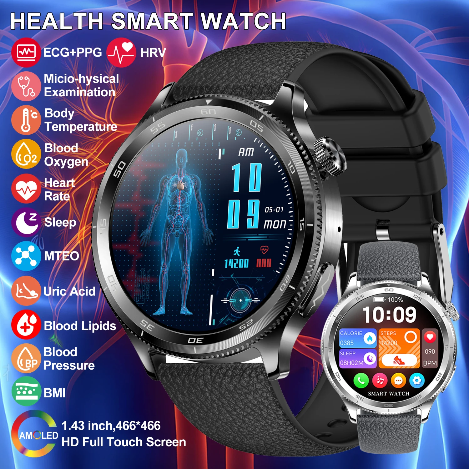 

2025 New ECG+PPG Smart Watch 1.43“ AMOLED HD Screen Blood Pressure Blood Lipid Uric Acid Body Analysis Health Tracker Smartwatch