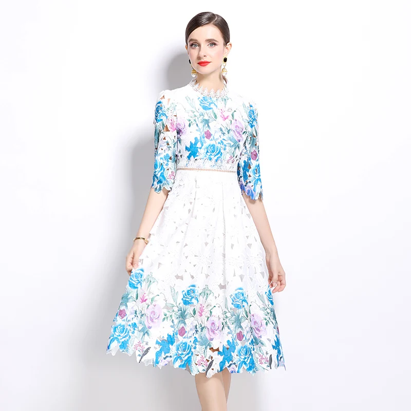 Summer Runway Hollow Out Floral Embroidery Lace Midi Dress For Women Women Short Sleeve Floral Print Slim Waist Party Vestidos