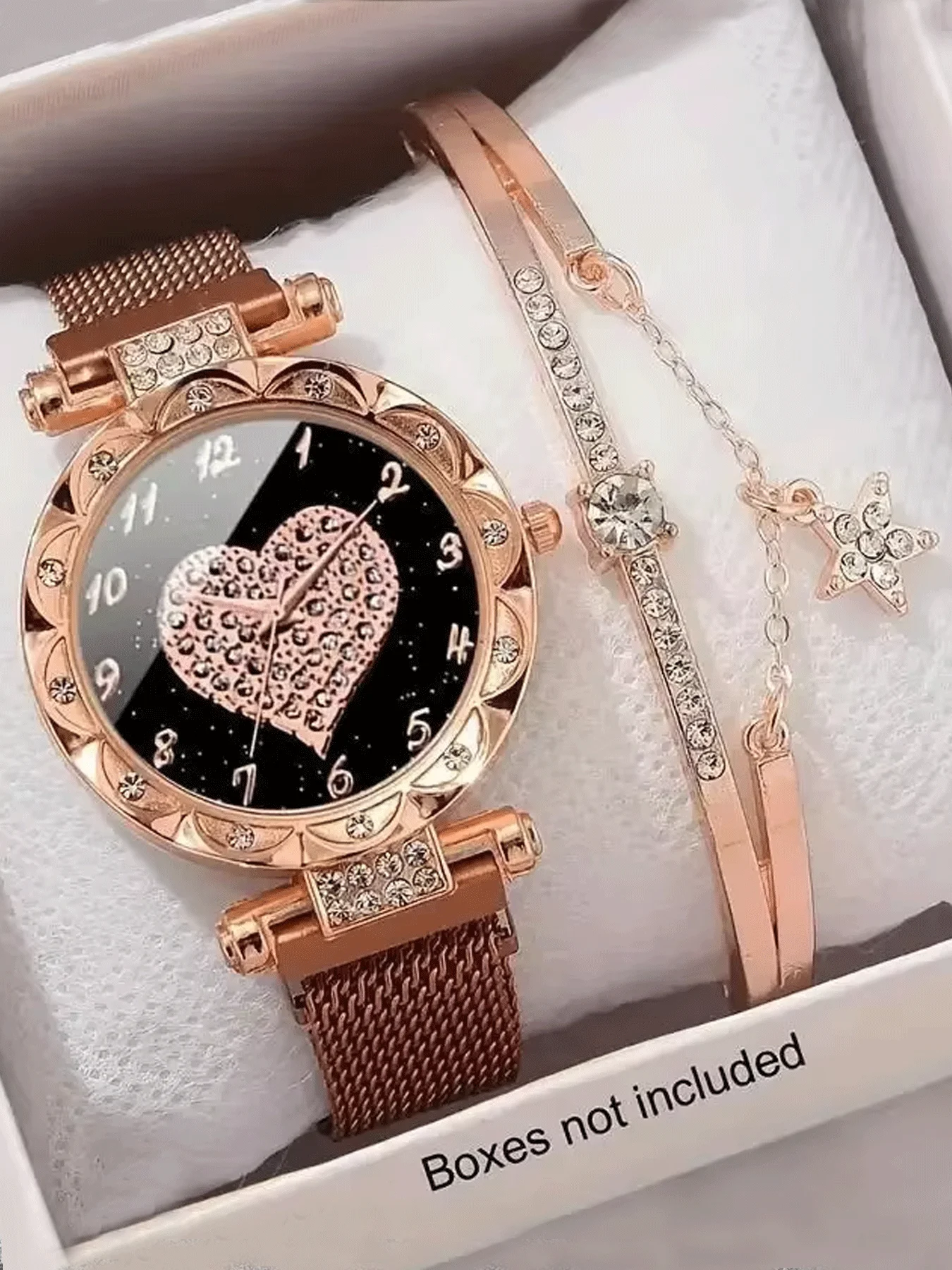 2 قطعة/المجموعة المرأة الفاخرة حجر الراين ستار كوارتز ساعة روز الذهبي موضة التناظرية ساعة معصم وسوار نجمة ، هدية لأمي لها