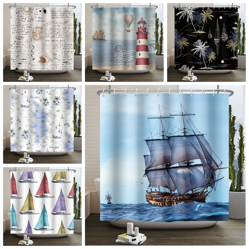 

Tropical Vibes Shower Curtains Sailing Diary Norse Vikings Ship Coconut Trees for Bathroom Deor Art Bathtub Screen with Hooks