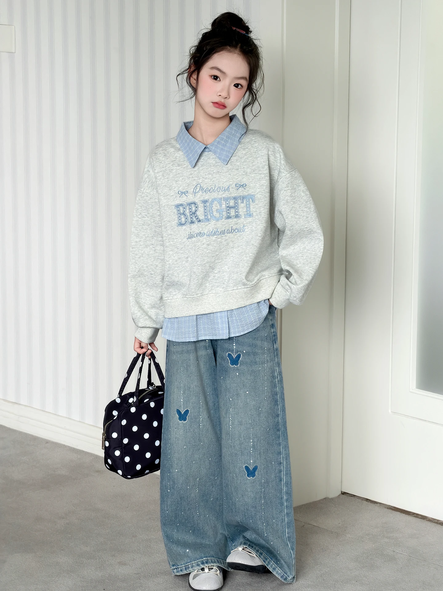 

Spring Casual Children's Outfit Girls' Two-Piece Set Faionable Sweatirt Jeans Cotton Long Sve Hoodie Loose Fit Kids