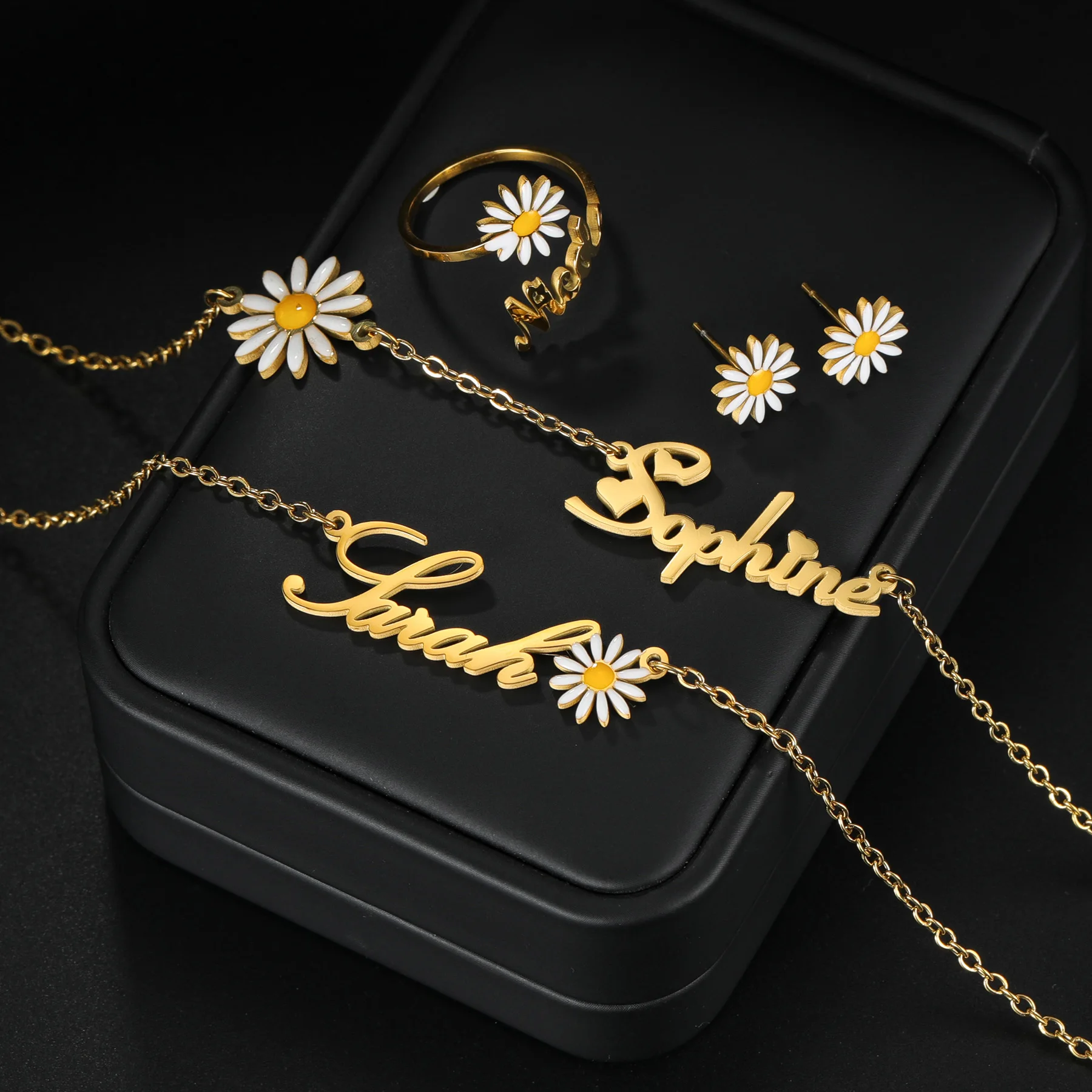 

Custom Name Necklace Earring Ring Daisy Jewelry Sets for Kids Women Stainless Steel Personlised Dripping Oil Flower Set Gift