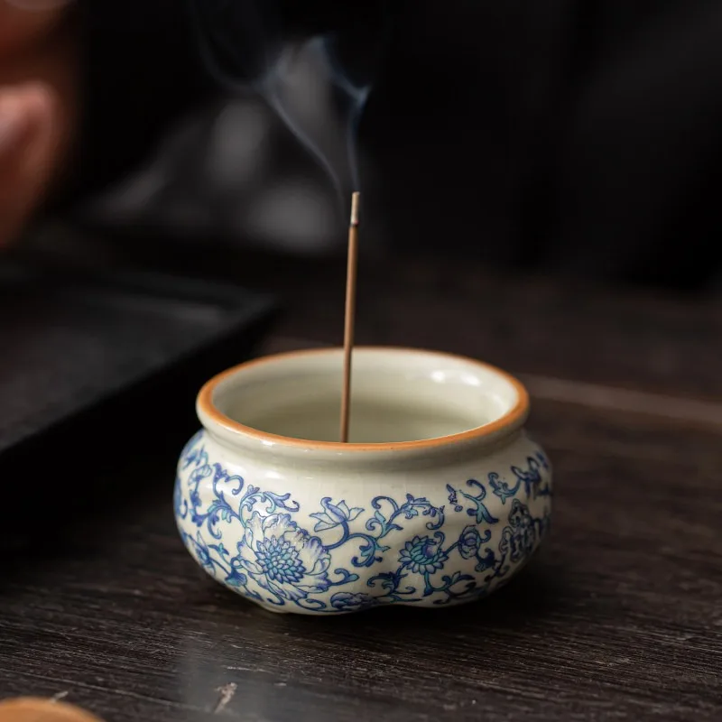 Chinese Style Ru Ware Lotus Incense Holder Desktop Sandalwood Censer Home Indoor Aromatherapy Ornament for Meditation