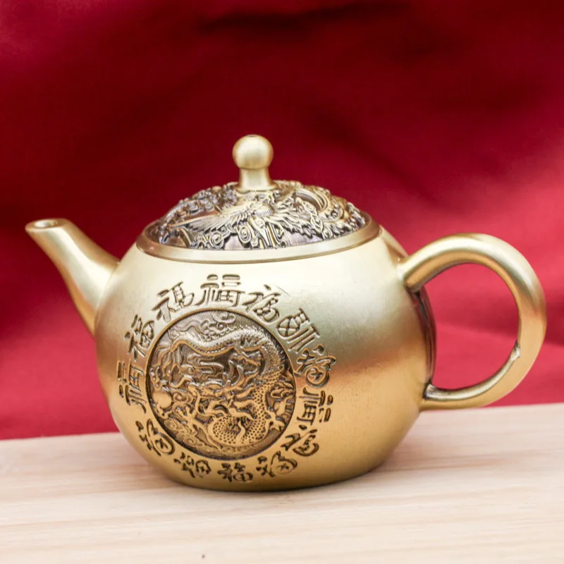 New Brass Hundred Blessings Dragon and Phoenix Teapot New Chinese Style Home Tea Set Tea Ceremony Supplies Desktop Decoration Or