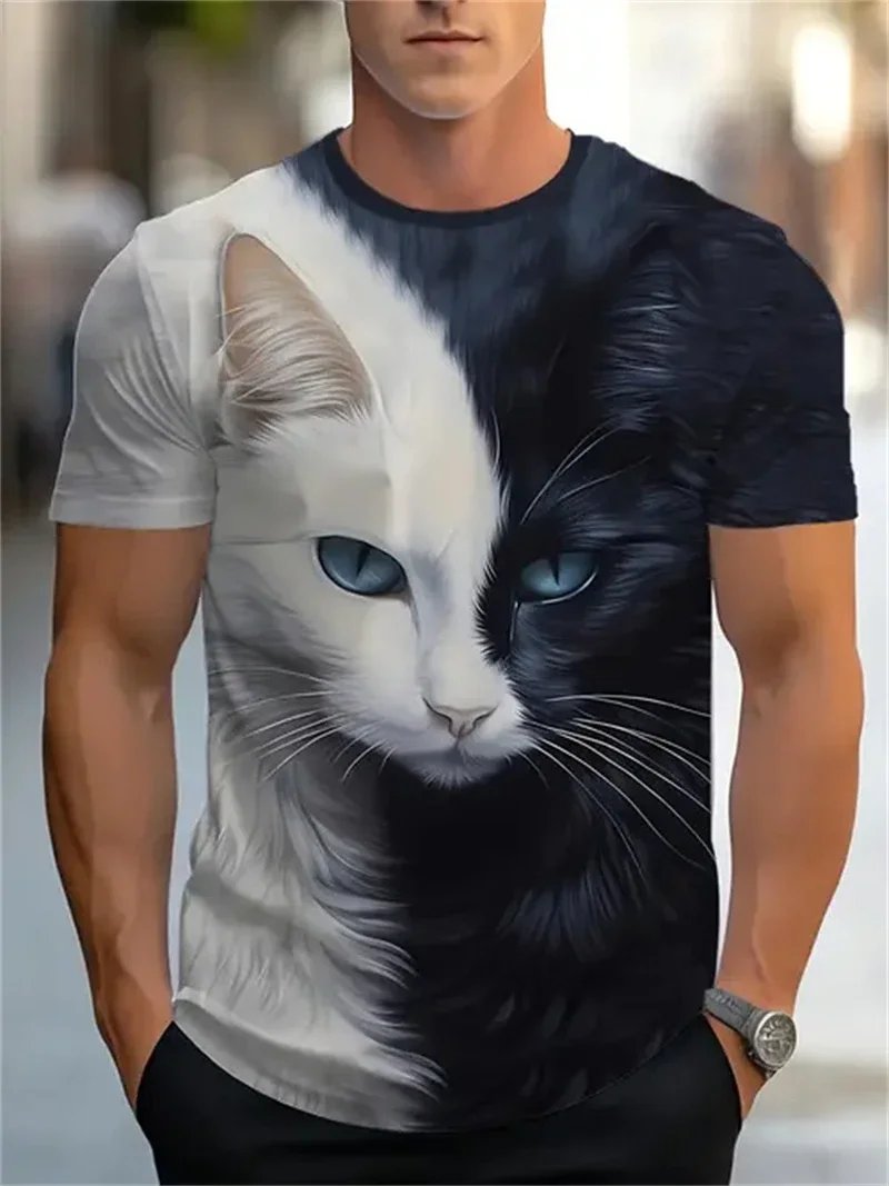 Herren-T-Shirt mit schwarz-weißem Katzenmuster, kurzärmelig, Rundhalsausschnitt, lässiges Tier-T-Shirt