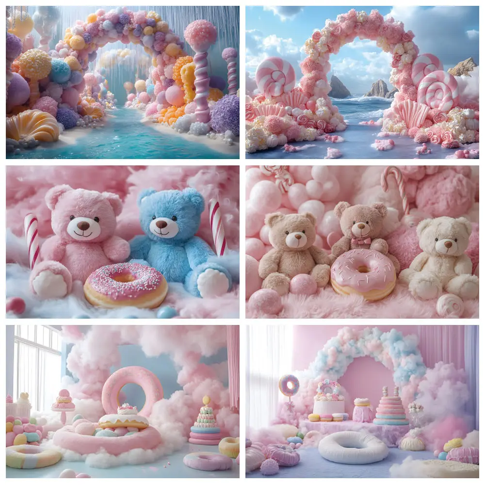 donut-urso-pano-de-fundo-algodao-doce-arco-balao-rosa-azul-macio-nuvem-bolo-festa-de-aniversario-do-miudo-cha-de-fraldas-fotografia-fundo