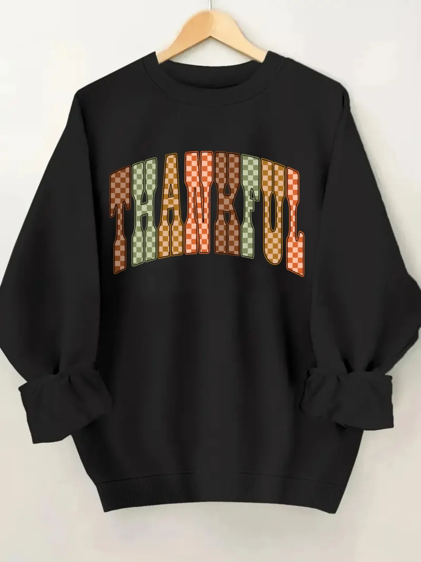 Women's Crew Neck Pullover Sweatshirt Checkered Thankful Print Design, Soft Casual Long Sleeve, Daily Casual Top Outfit, Winter Women's Clothing, Thanksgiving Outfit