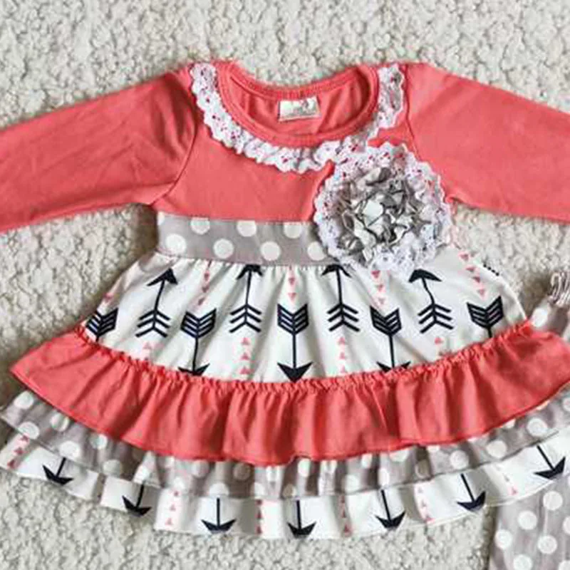 Toddler Spring Fashion Valentine's Day Speckled Arrow Lace Long Sleeve Set Wholesale Boutique Baby Girls Children Clothes