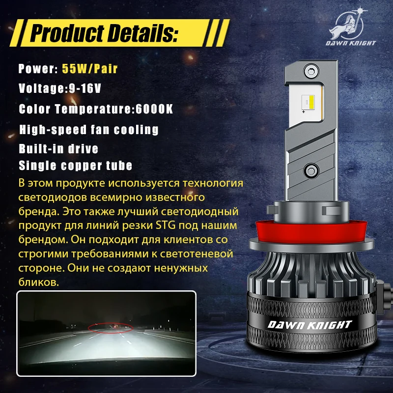 DAWN KNIGHT D7 Super Mini H7 H11 9005 9006 55W Reflective Optical Headlight Replacement Light Bulb 6000K 12V 2PCS