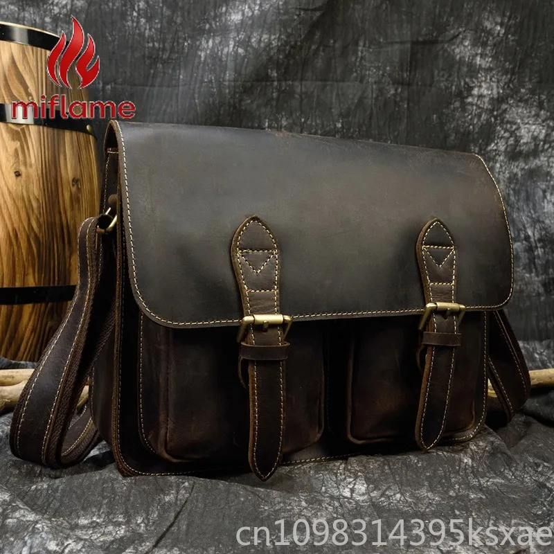 

Мужская сумка-мессенджер из натуральной кожи Crazy Horse с клапаном, через плечо, для работы и поездок, вмещает формат А4, винтажный стиль