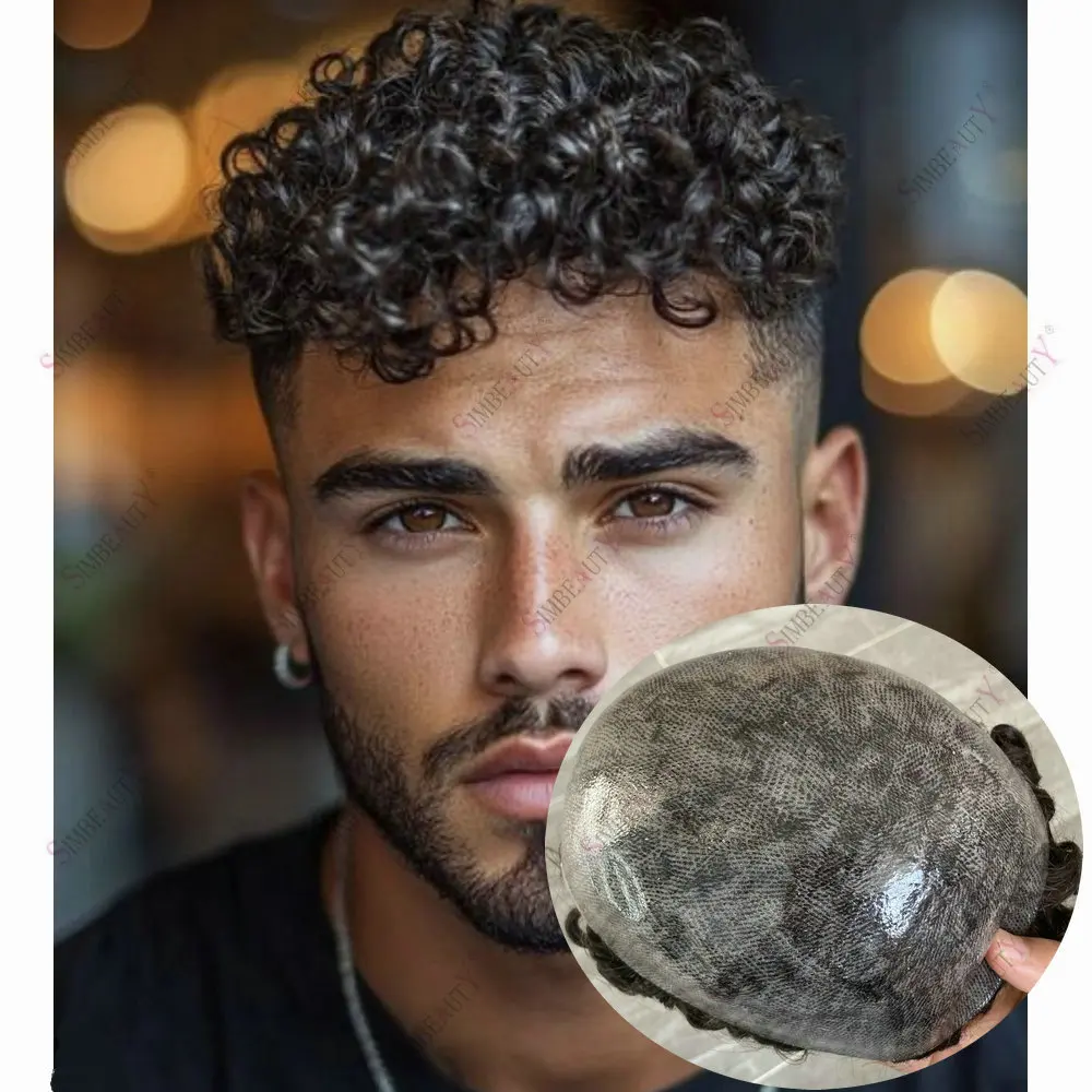 

Men's Toupee for Receding Hairline Human Hairpiwce 15mm Afro Curly Full Skin PU Replacement System 1B40/1B80 Grey Prosthesis