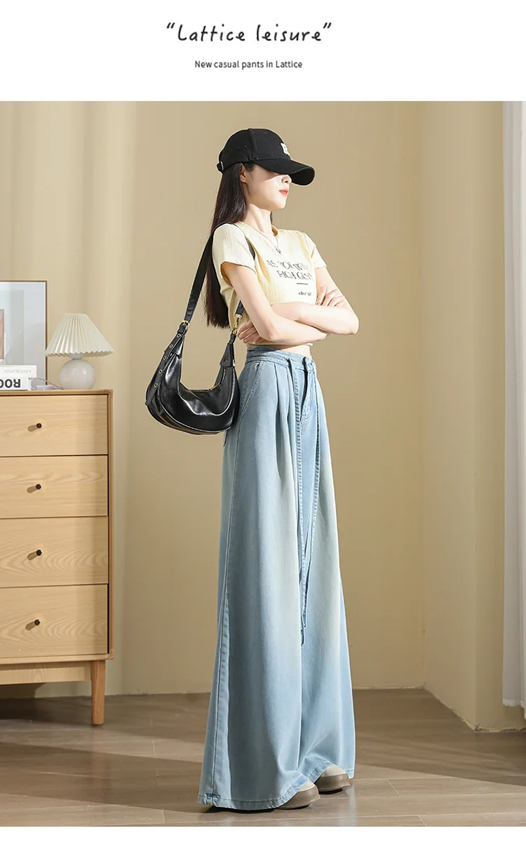 CHIC Ins Summer Lyocell Vintage Washed Women Denim Jeans Pants American Girls Elastic Waist Long Wide Leg Trousers Drop Ship