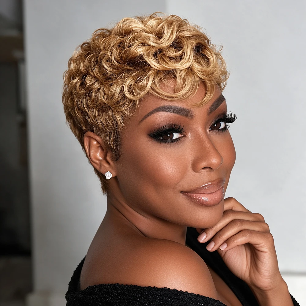 Blonde Short Egg Curly Wigs Pixie Cut Wigs Human Hair with Bangs for Women Bazilian Remy Hair Natural Look Full Machine Made Cap