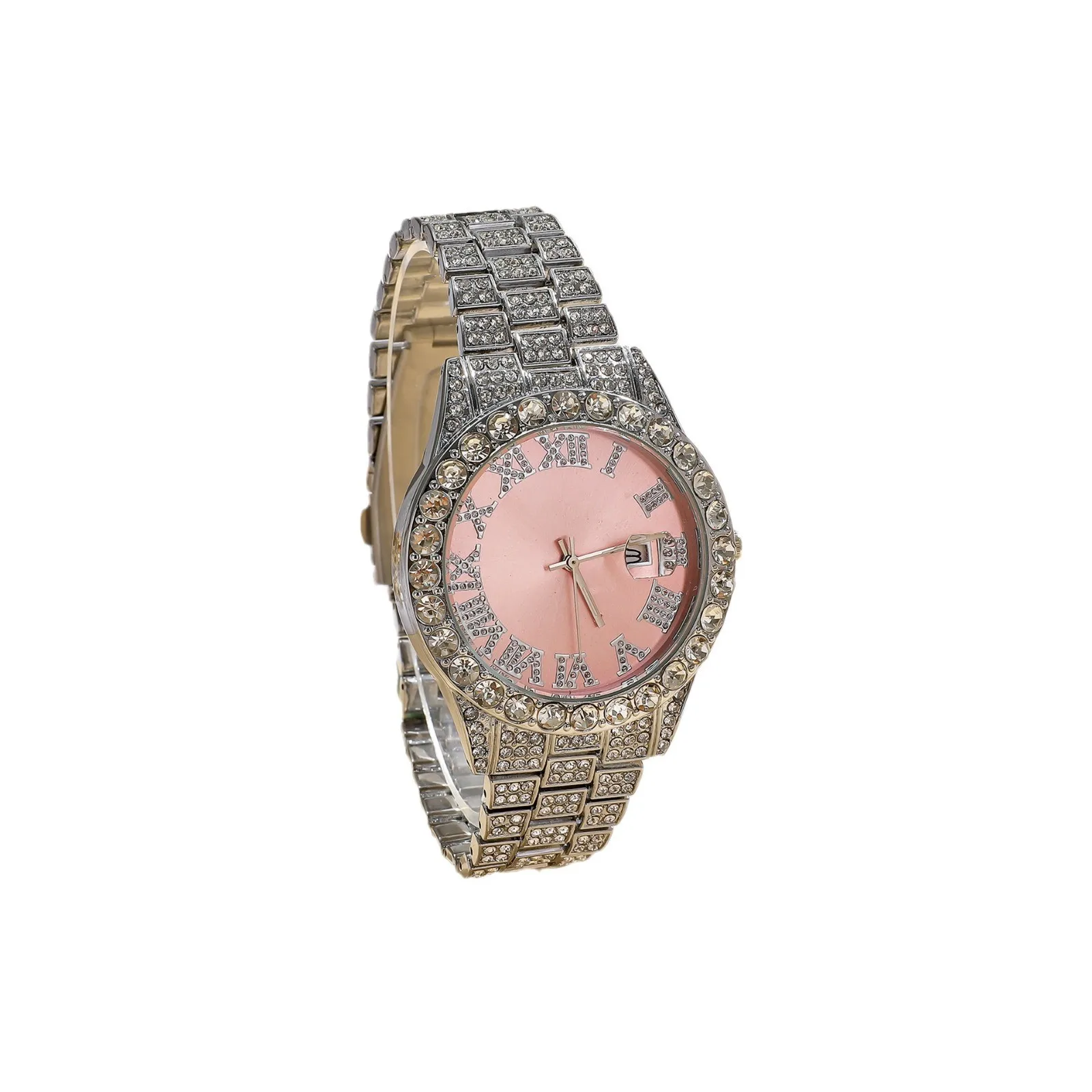 Ladies\' all-in-one fashion single calendar pink dial with diamond steel band quartz watch