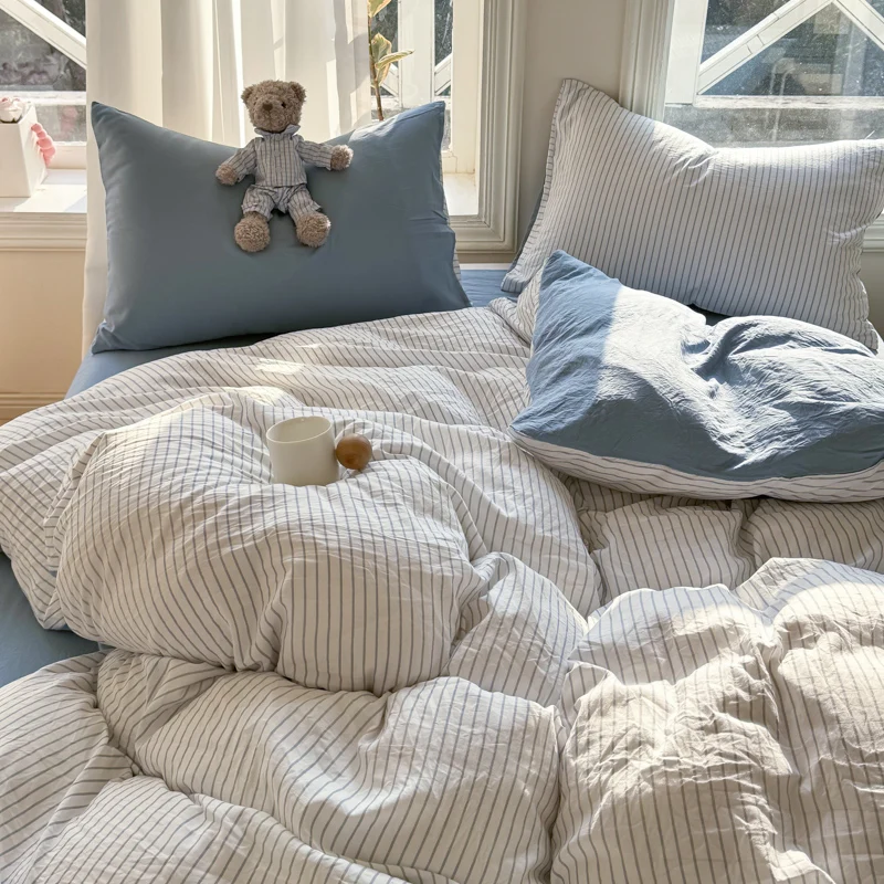 

Soft Washed Cotton Bedding Set Striped Style Duvet Cover Sets with Quilt Cover Bedsheet Pillowcase 100% Cotton Bed Sheet Sets