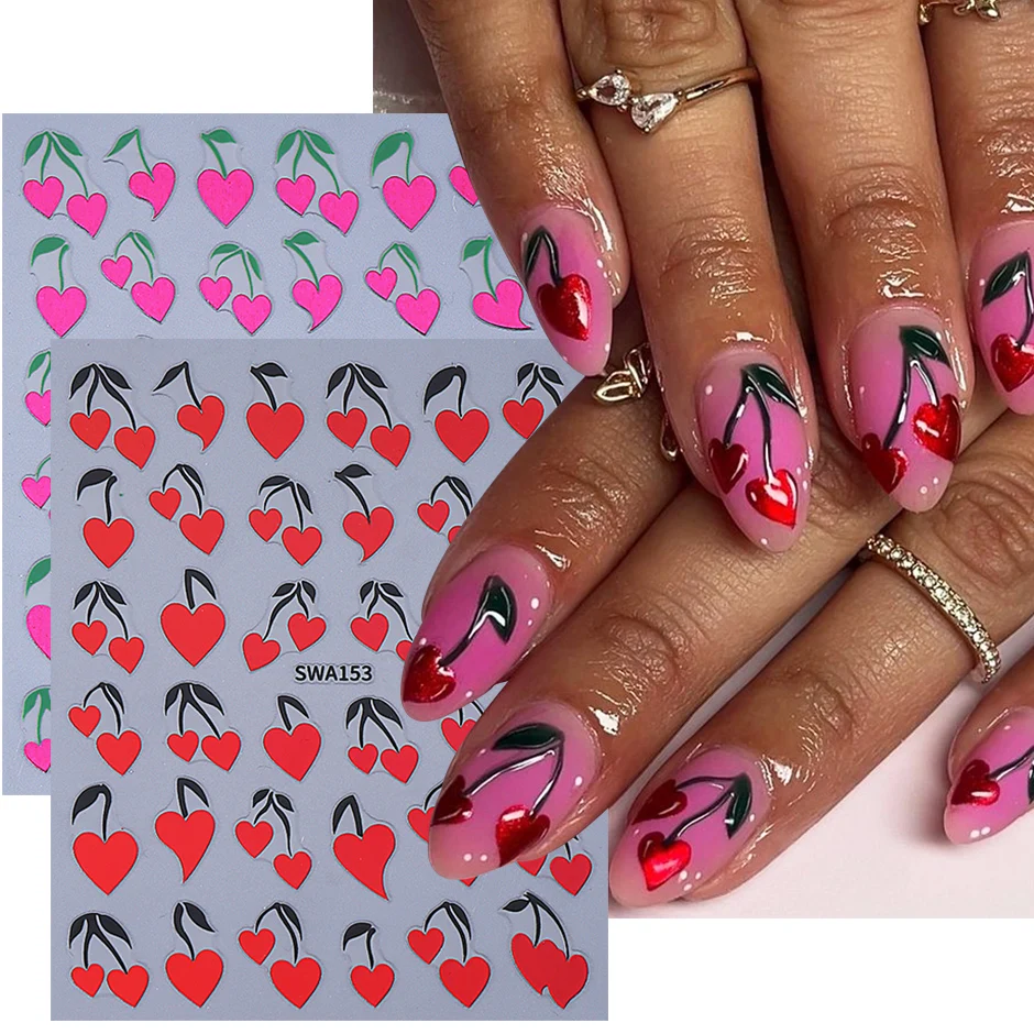 2 pezzi adesivi per unghie di San Valentino a forma di cuore foglie di ciliegio autoadesive decalcomanie per unghie dolce decorazione manicure fai da te cursori