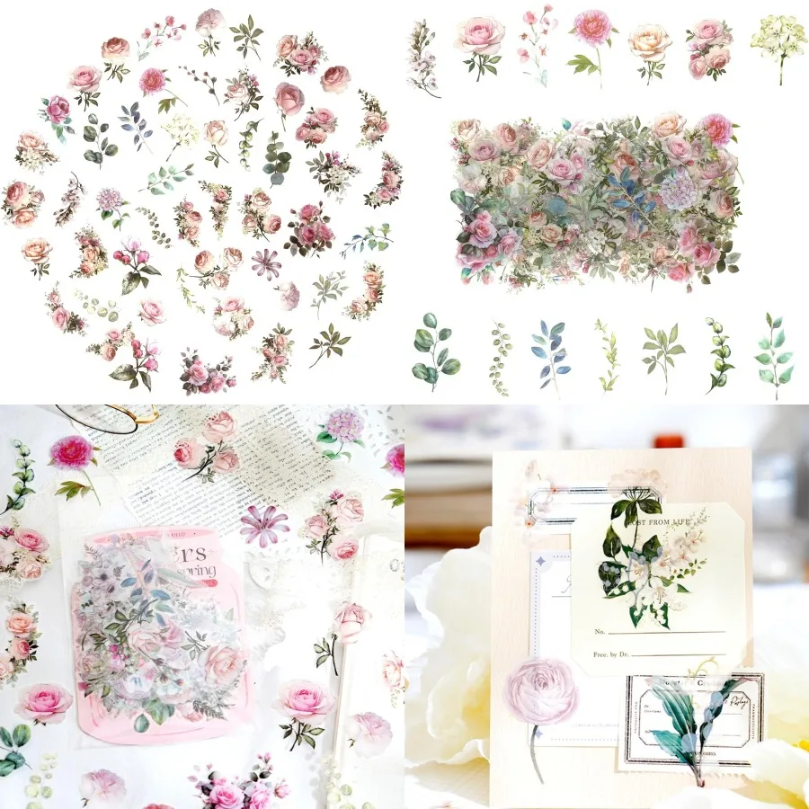 

100 Pcs Pink Flower Stickers for Scrapbooking Junk Journal Notebook Diary Planner Letter Card Making Collage Envelope Water Bot