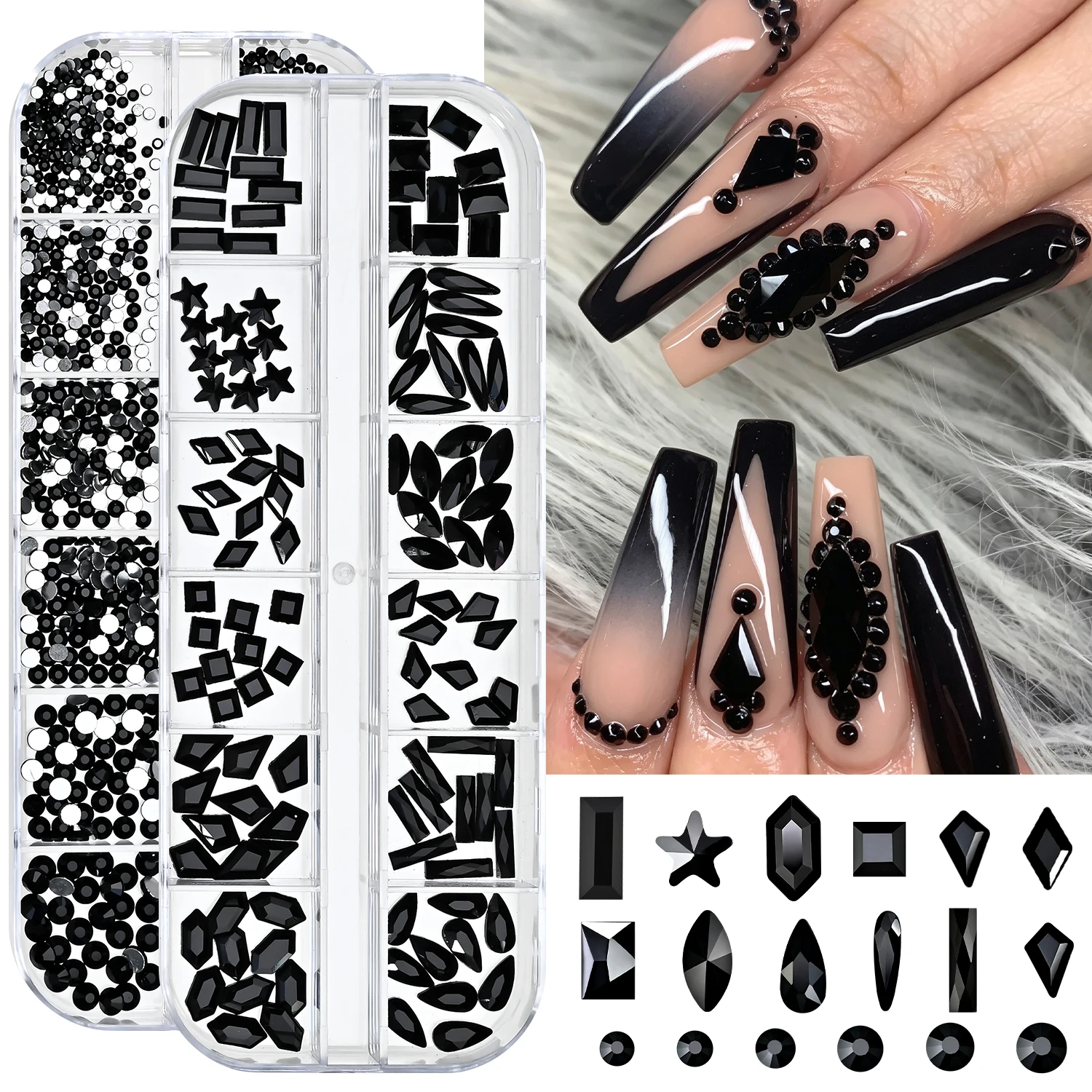 2 Boxes Black Multi Sizes Round Nail Rhinestones & Multi-shaped Crystal Gems-Star Rectangle Teardrop Square Diamond, 3D Nail Art