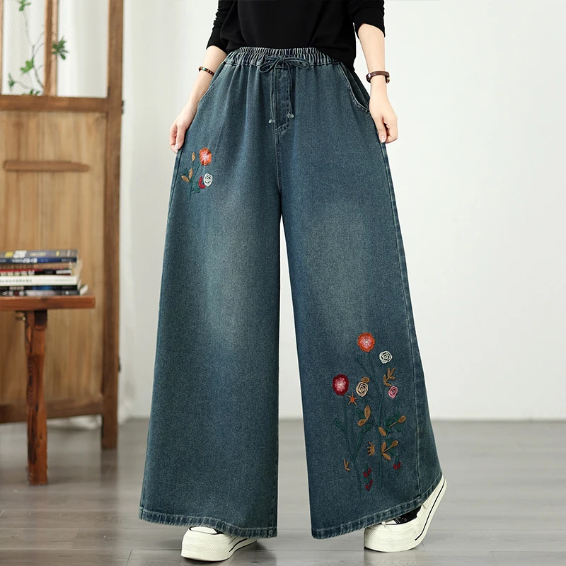 Fall Soft Denim Retro Heavy Embroidery Elastic Waist Versatile Casual plus Size Wide Leg Pants Machine Embroidery Loose Fit B...