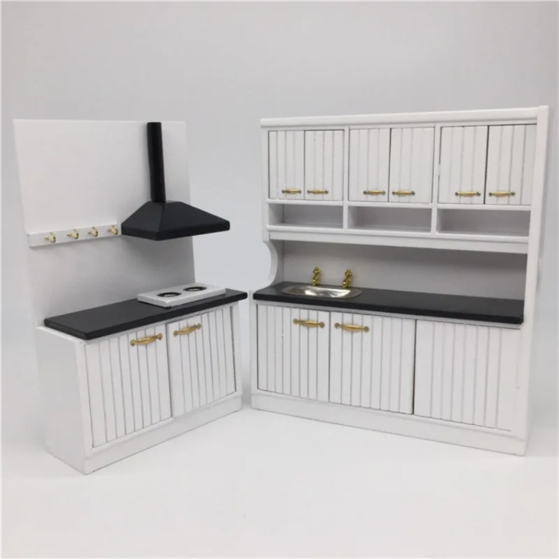 Scène de cuisine pour maison de poupée 1:12, modèle blanc, ensemble de cuisine de style européen, accessoires faits à la main, jouets de maison de jeu