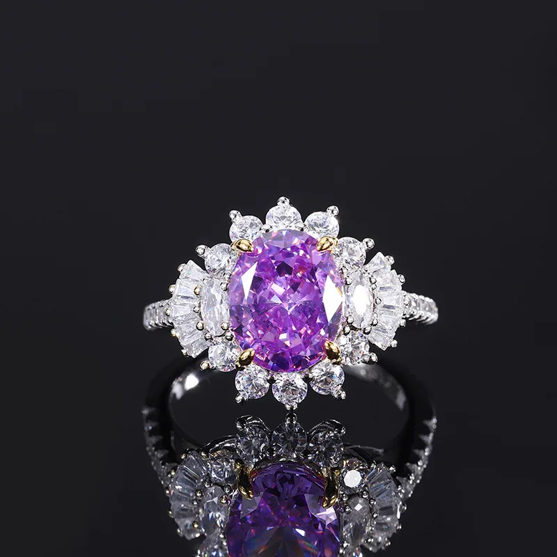 S925 Full body Silver Colorful Treasure High Carbon Diamond Ring Female Closed Hand Ornament Ring Main Stone 8 * 10