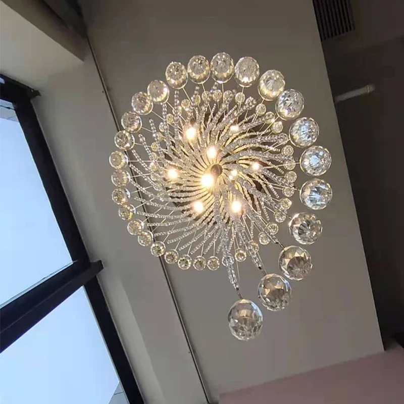 Modern Room Lights Spiral K9 Crystal Chandelier Staircase Creative LED Hanging Lamp Hotel Villa Decoraction Large Pendant Light