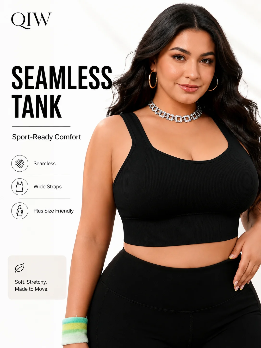 QIW Yoga Sports Bra Plus Size Solid U Neck Tank Bra Wireless Wide Straps Removable Pad Ribbed Bra for Gym Street Outfit