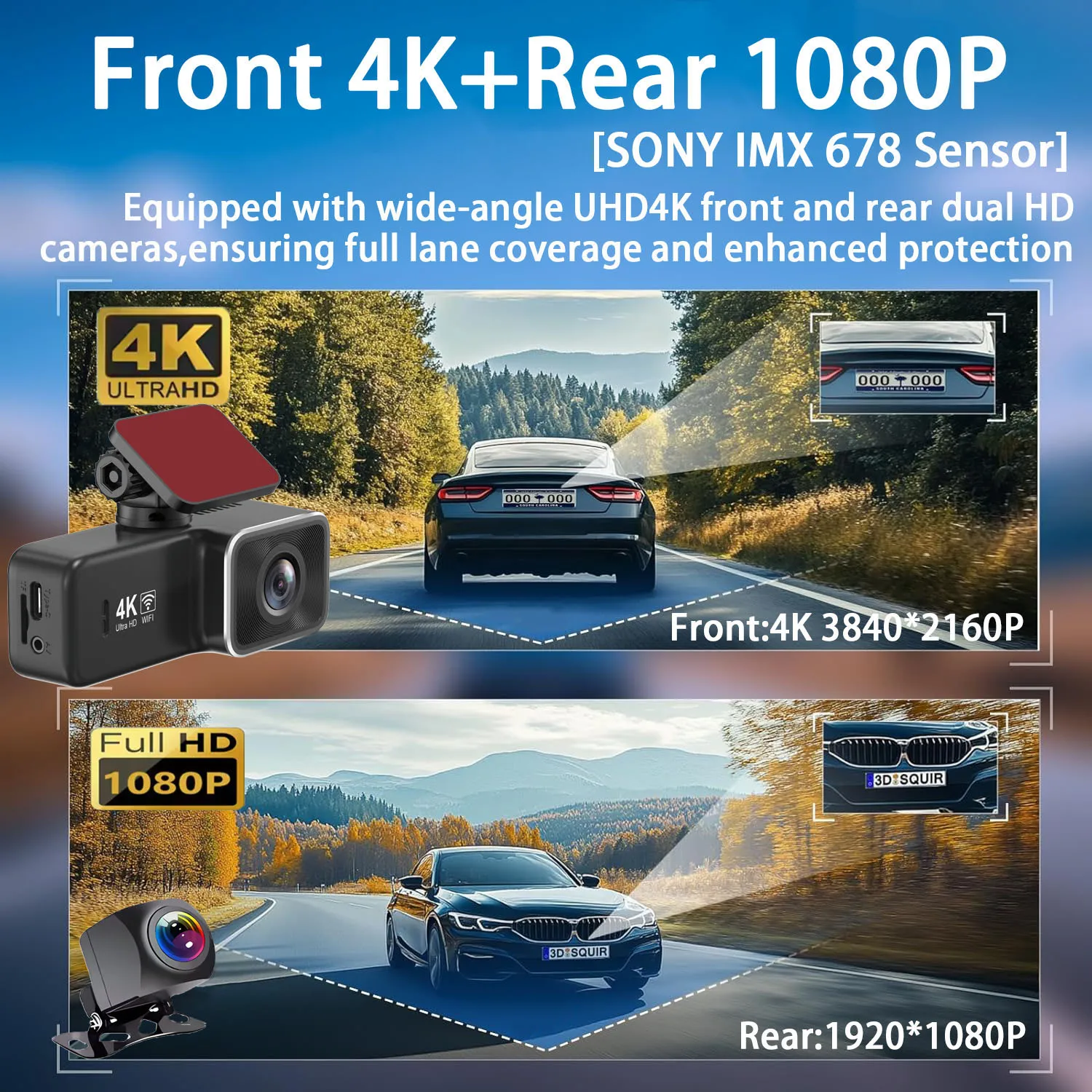 4K 2160P UHD Dash Cam WiFi GPS Front 4K Rear 1080P DVR Video Recorder 24H Night Vision Dashcam Mini Car Camera for Car Black Box