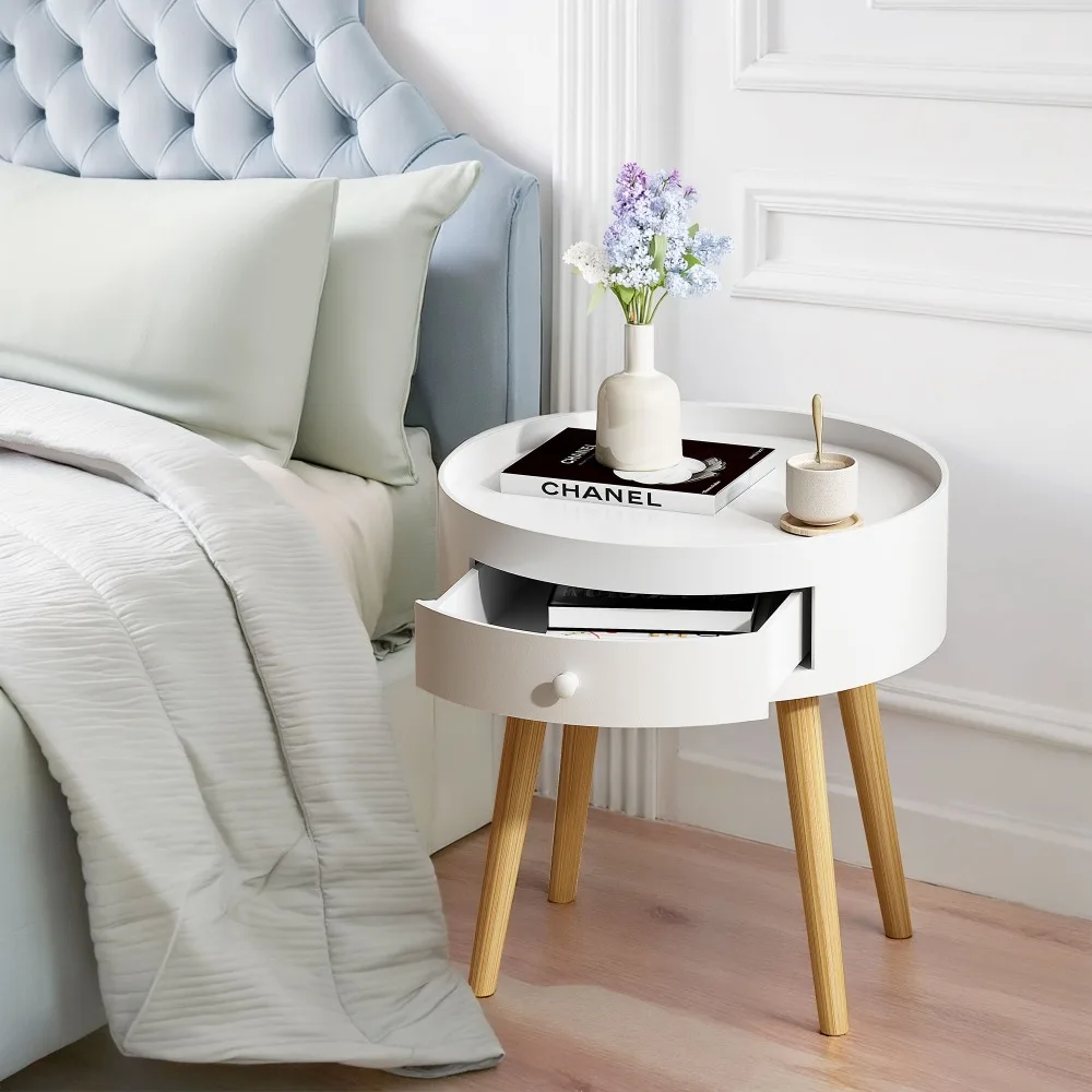 

18"H Nightstand with Storage Drawer & Oak Legs Bedside Table, Sofa Side Coffee Table for Bedroom, Living Room Tables