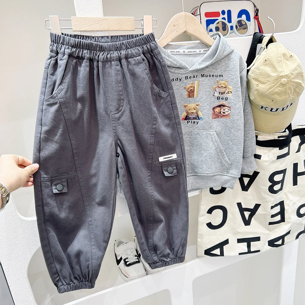 2024 Spring Autumn Children Boys Cargo Pants Elastic Pockets Solid Kid Boys Jogger Pants Letter Sticker Student Boys Trousers