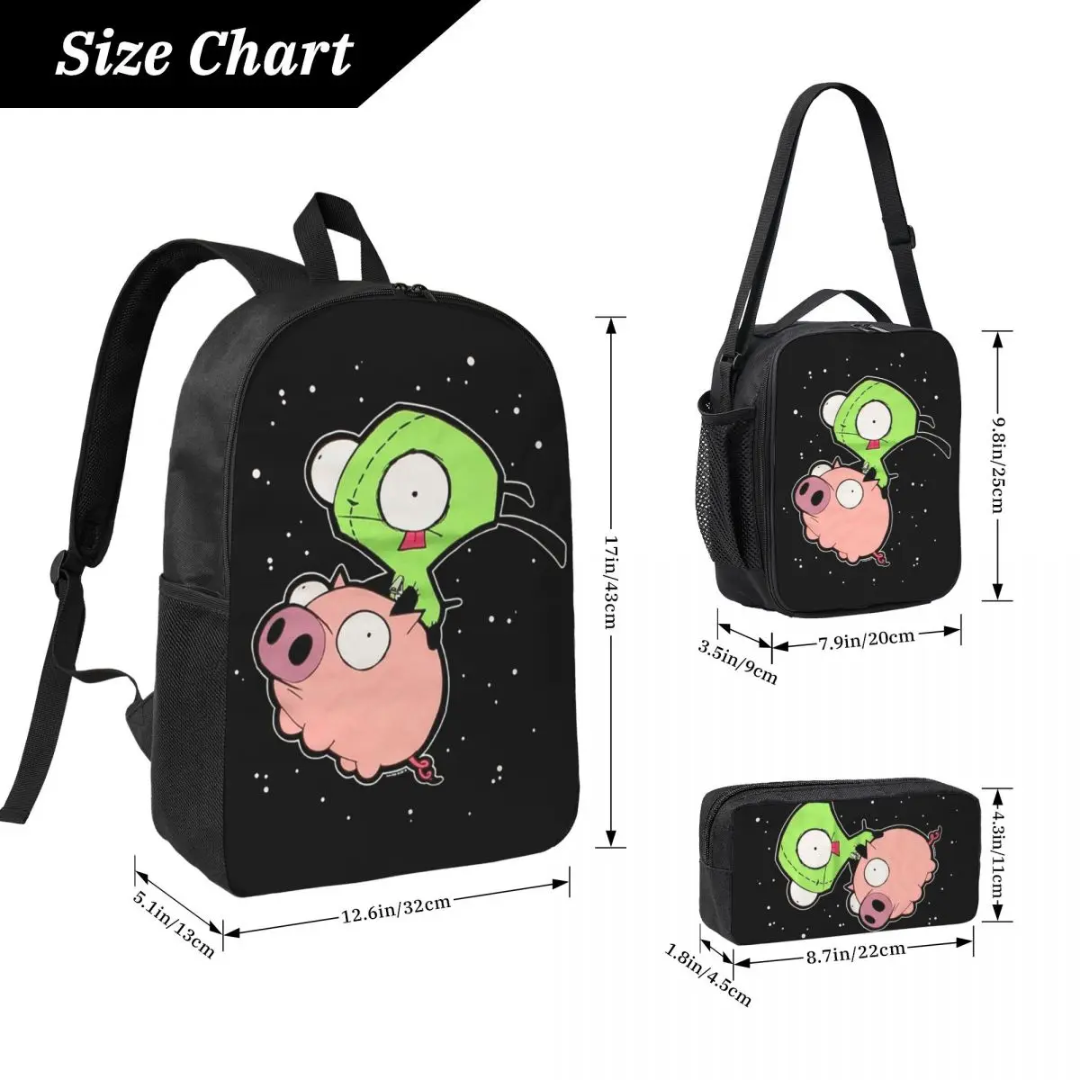 Invader Zim Art Backpack Student Boys Girls BookBag School Bag Laptop Shoulder Bags 3ps Insulated Lunch Bag Pencil Case