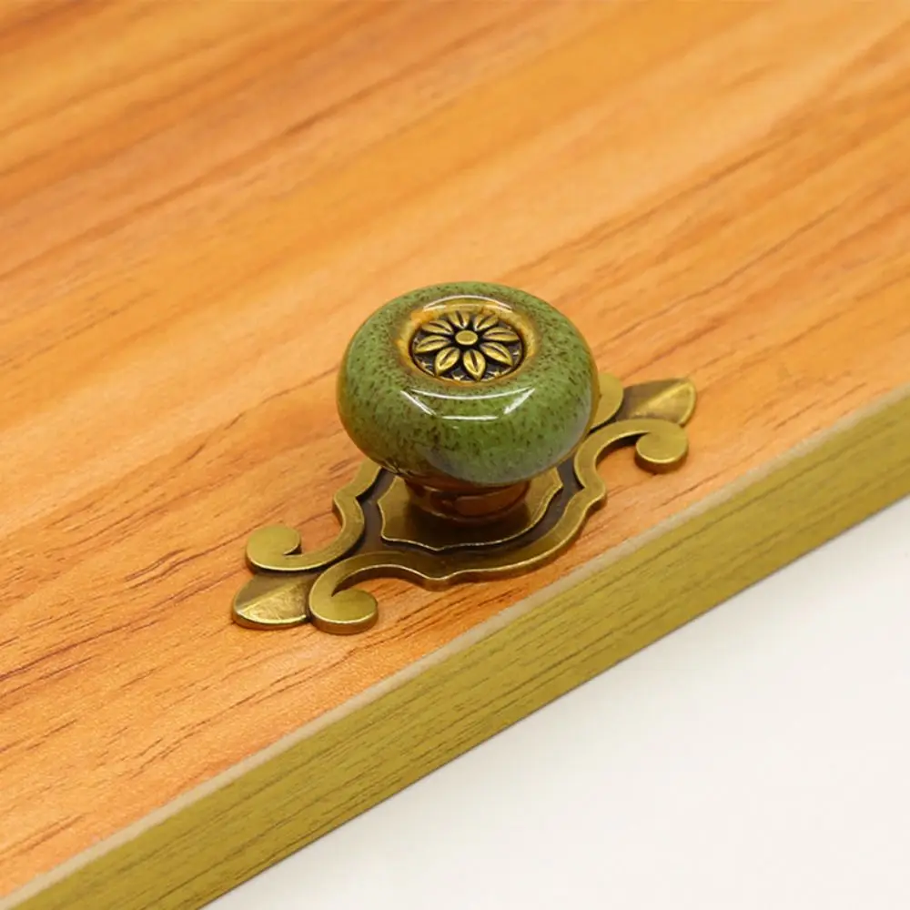 Single Hole Ceramic Knob Vintage Ceramic Ethnic Style Drawer Knobs Antique Bronze Flower Pull Handle Dresser