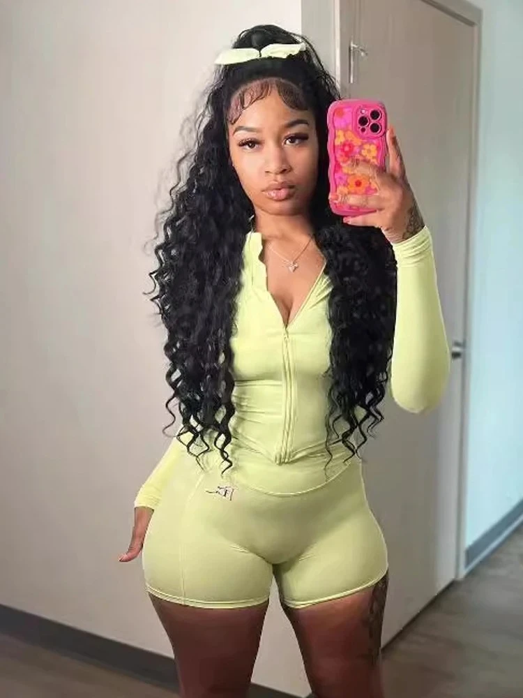 

Повседневный спортивный комплект из 2 предметов, женская водолазка на молнии, куртка с длинными рукавами + однотонные узкие шорты для тренировок, трендовый эластичный костюм