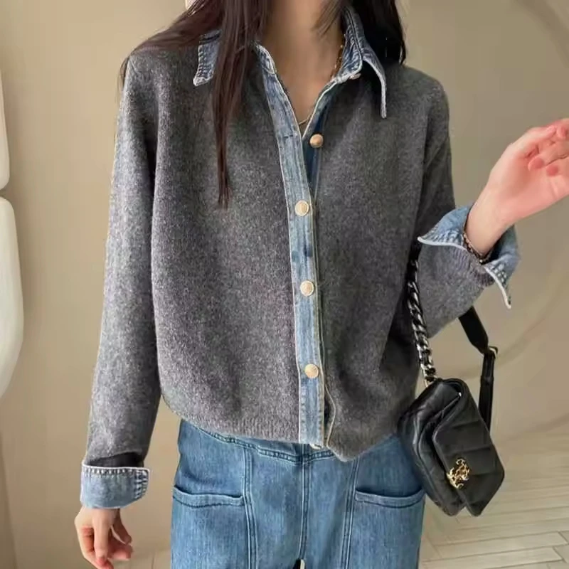 2026 Autumn and Winter New Fashion Knitted Cardigan Denim Splicing Thin Lazy Style Women's Sweater