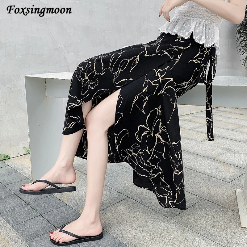 

Women Floral Print Chiffon Long Skirt Summer New Stylish Japanese Midiskirt One-Piece Lace-up Wrap Skirt Holiday Beach Skirts