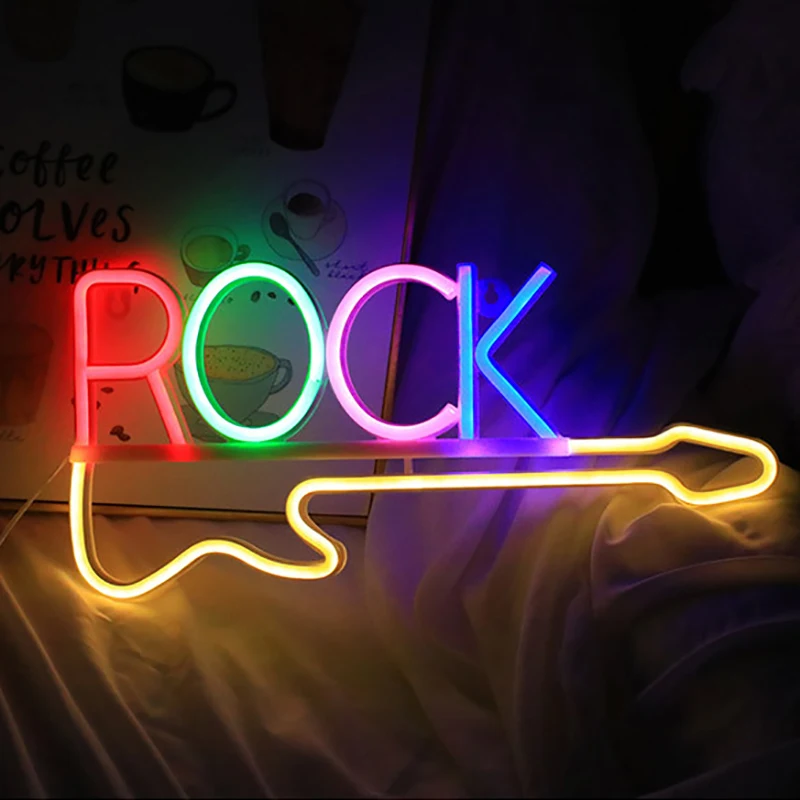 Rock Music Neon Signs Guitar Neon Signs Wall Decor USB Led Art Signs for Bedroom Music Party Rock Studio Bar Disco Party Neon