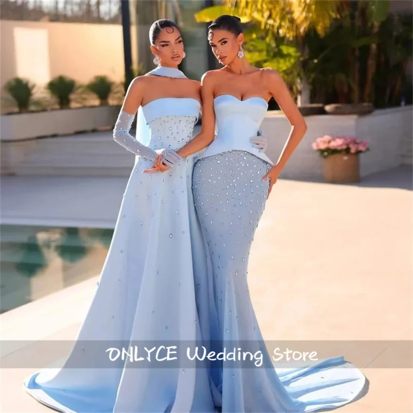 

Luxury Sky Blue Luxury Evening Dresses 2025 Gloves Beading Crystals Dubai Long Party Dress Prom Gown Customized
