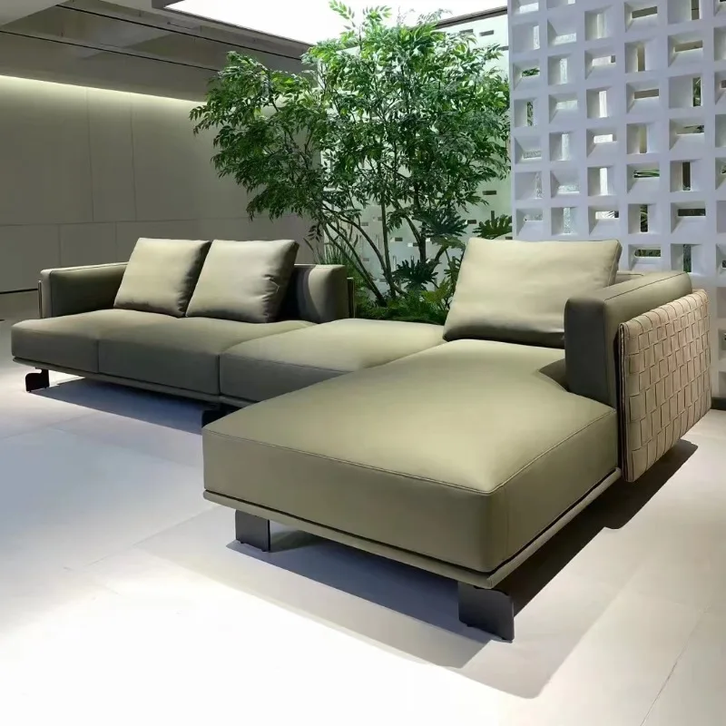 Leather sofa combination woven leather Italian minimalist light luxury living room villa size apartment first layer cowhide