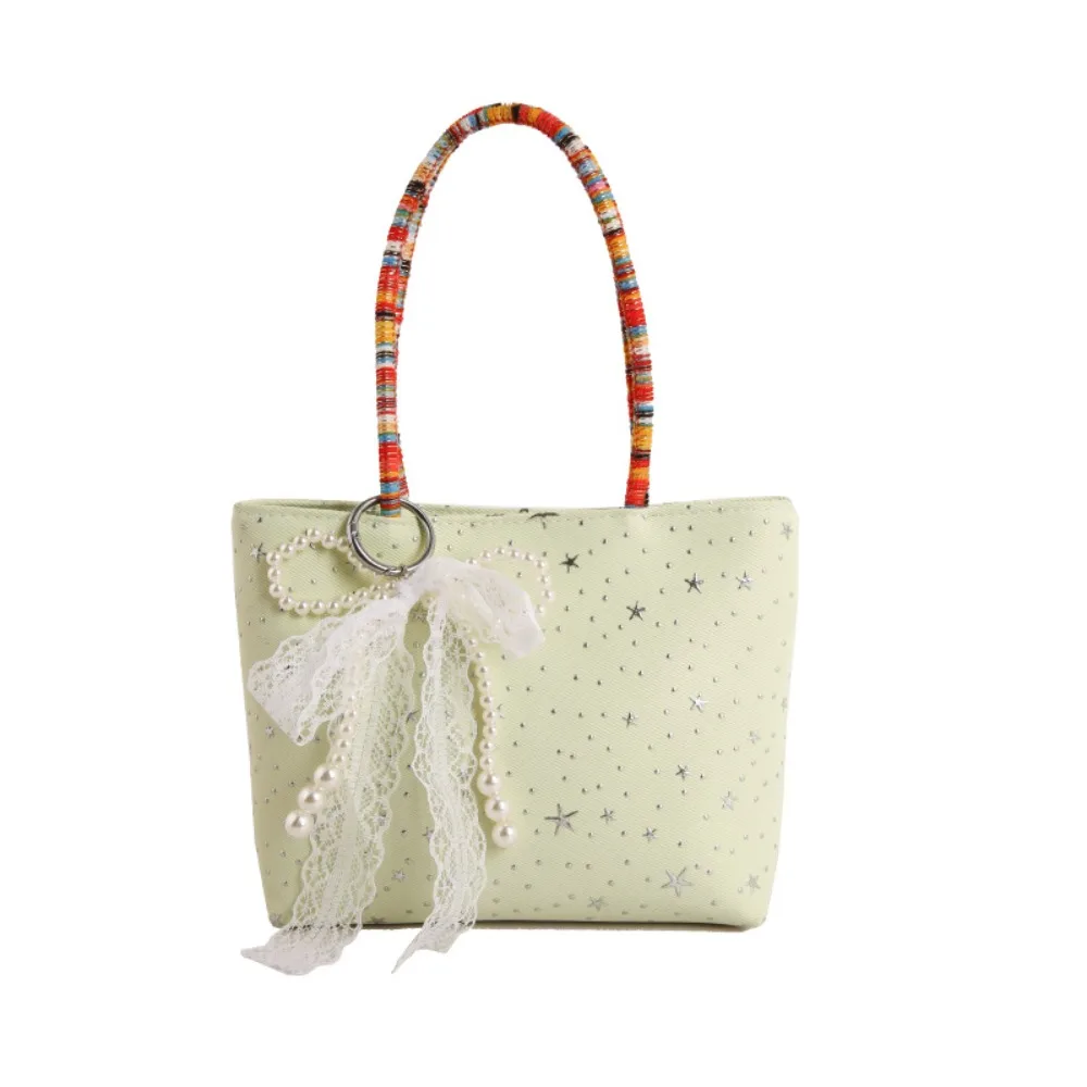 Star Print Girly Tote Handbag Buckle Closure Pearl Bow Charm Canvas Handbag Sweet Versatile Sweet Lace Bow Purse Travel