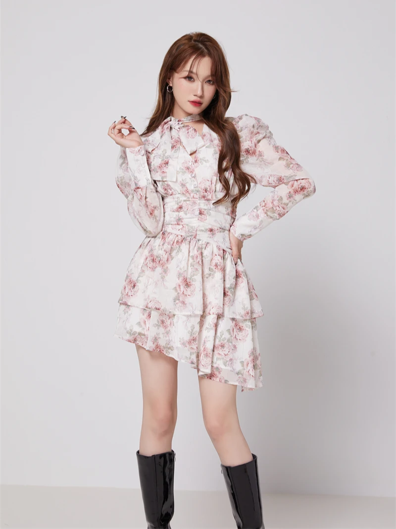 CHEERART Puff Sleeve Rose Floral Long Sleeve Mini Dress For Women V Neck Asymmetrical Korean Fashion Tunics Dress Spring Summer