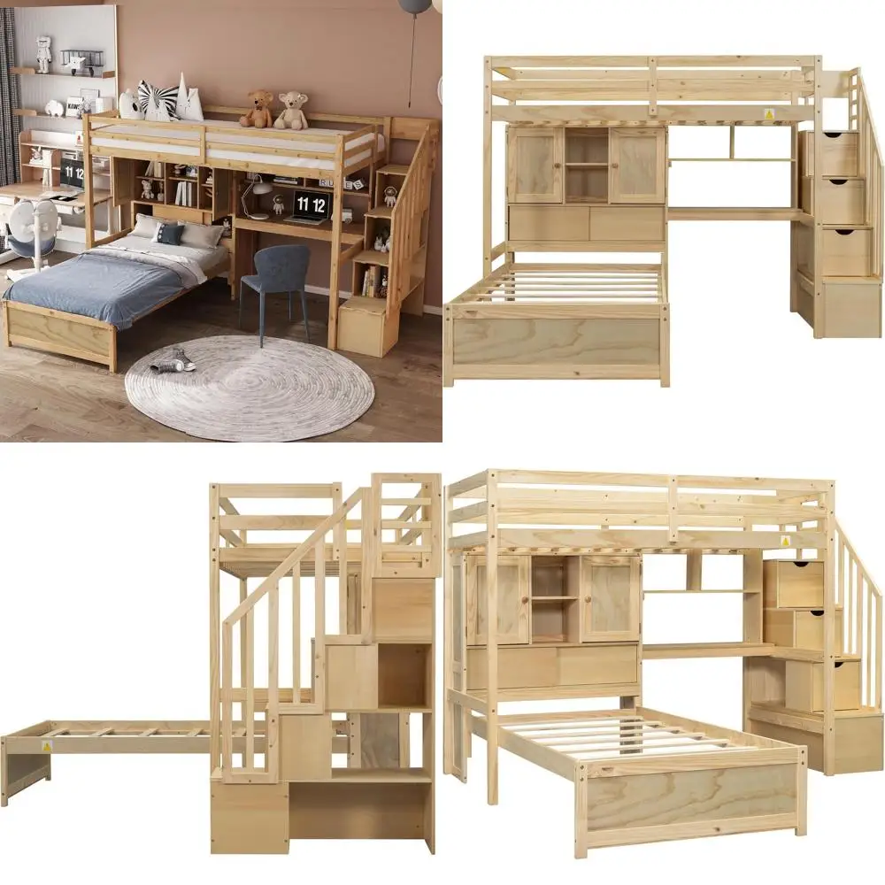 

Staircase Twin Bunk Bed with Desk, Solid Wood Storage Shelves and Drawers for Kids, Teens, Adults - Natural Finish
