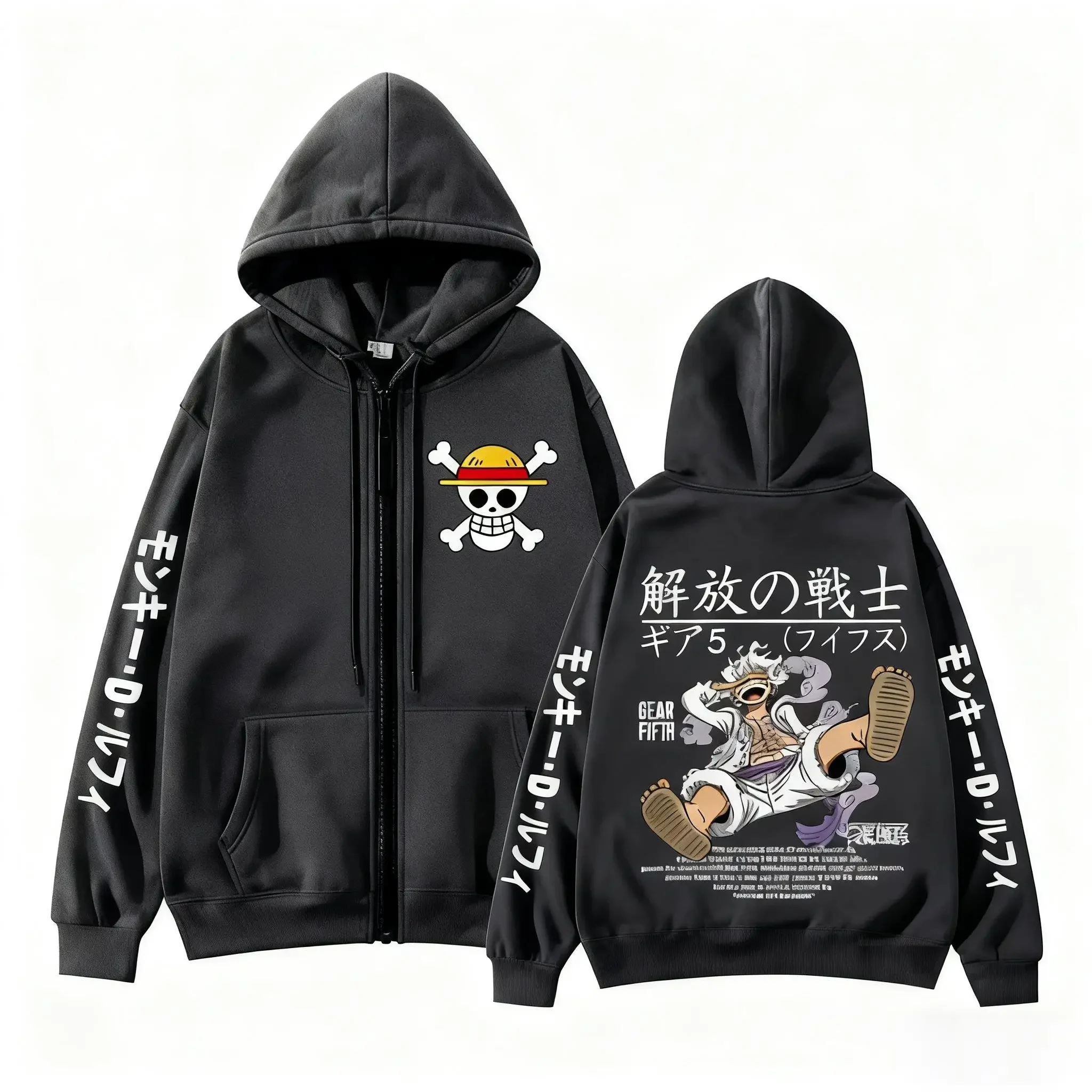 One‑Piece Luffy Nika Gear 5 Zip Hoodie Double‑Sided & Sleeve Anime Print Loose Zip‑Up Sweatshirt Unisex