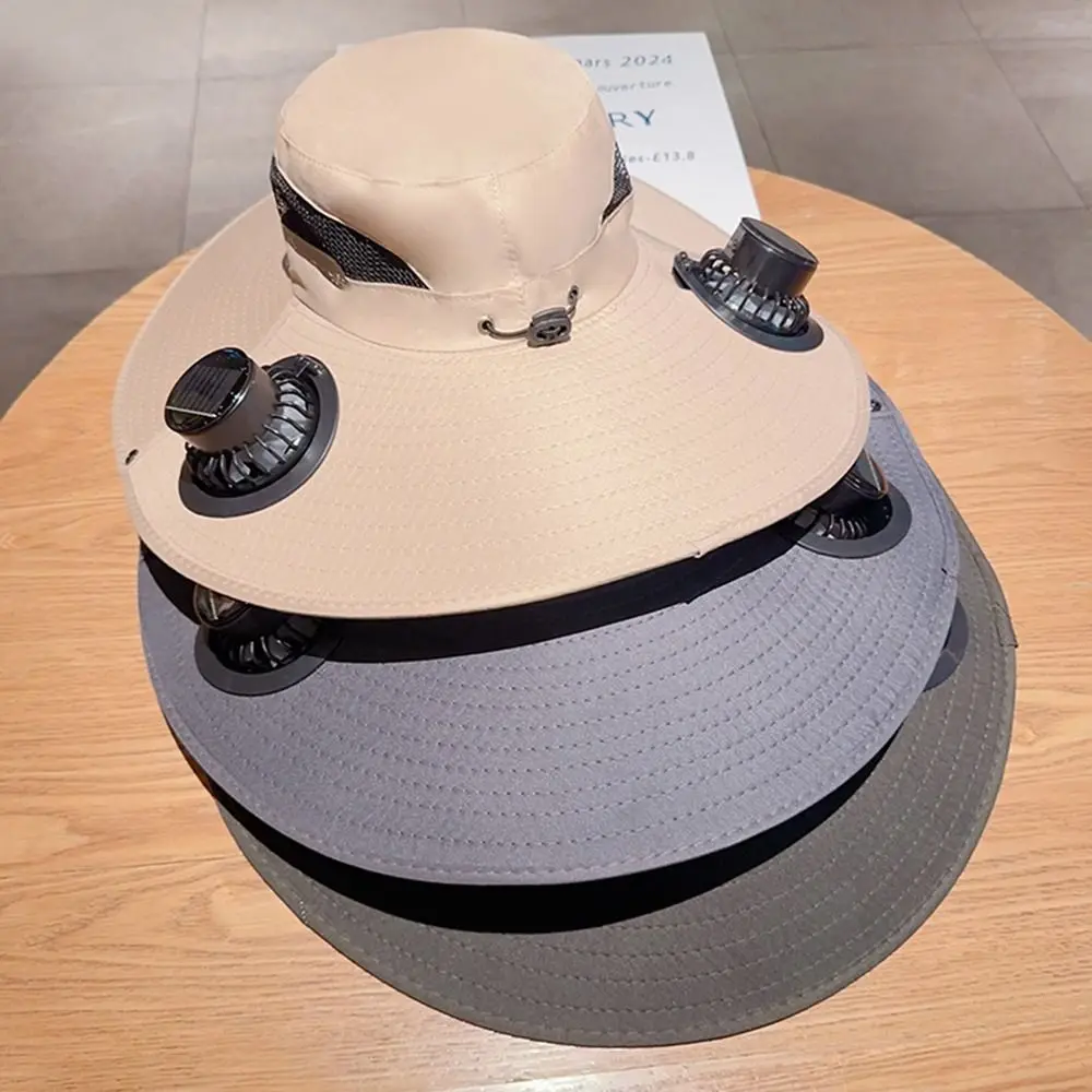 

Lightweight Removable Solar Fan Hat Breathable 3 Speeds Fishing Bucket Hat Quick-Drying Dual Fan Wide Brim Sun Cap Fishing