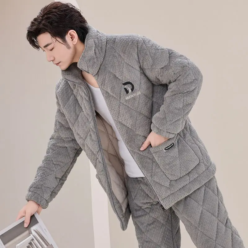 Underwear Three-layer Thickened Fleece Padded Jacket Coral Fleece Men's Pajamas Autumn and Winter Thermal Flannel Loungewear Set