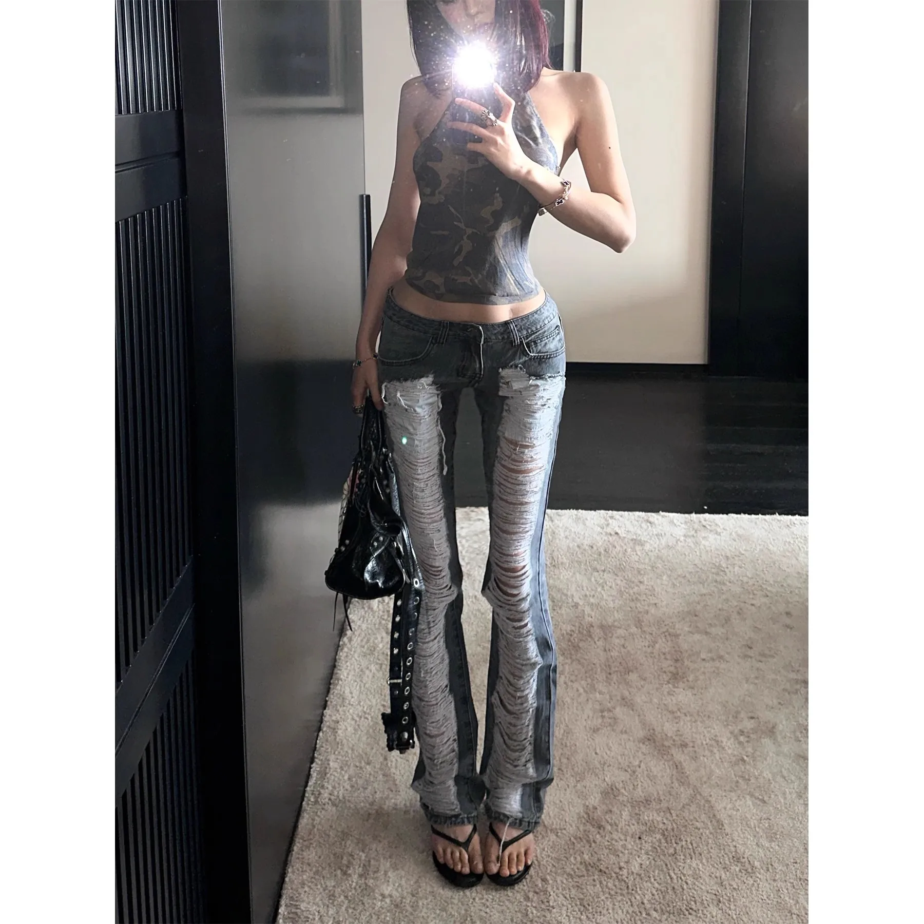 

Женские винтажные рваные джинсы Y2K, уличная одежда в американском стиле ретро, джинсовые брюки с низкой посадкой, тонкие узкие брюки в стиле Харадзюку, готический панк