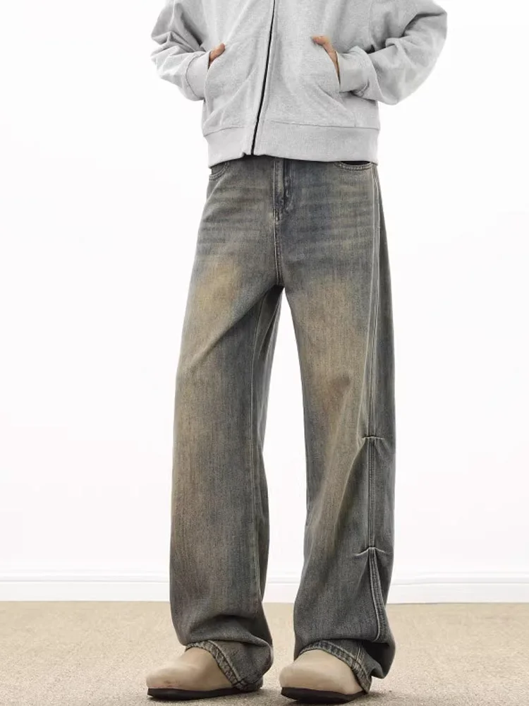 

Мужские джинсы с широкими штанинами в американском стиле ретро, свободные утягивающие драпированные брюки CleanFit, мятая брюки длиной до пола